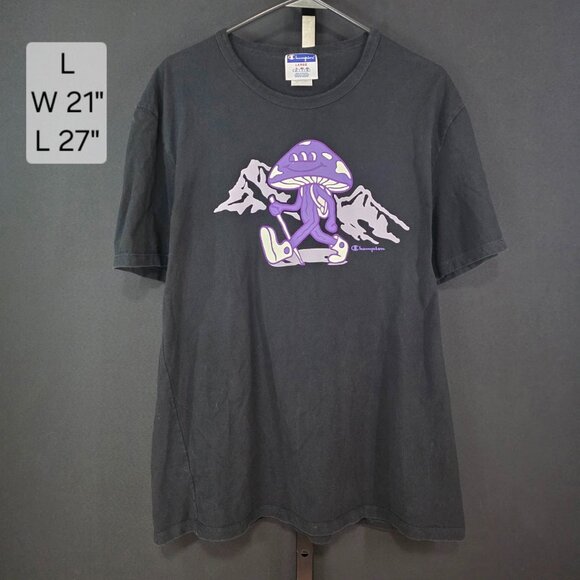 Champion T-Shirt Mens L Faded Black Graphic Mushroom Hiking Tee Gorpcore Skater - Picture 1 of 6